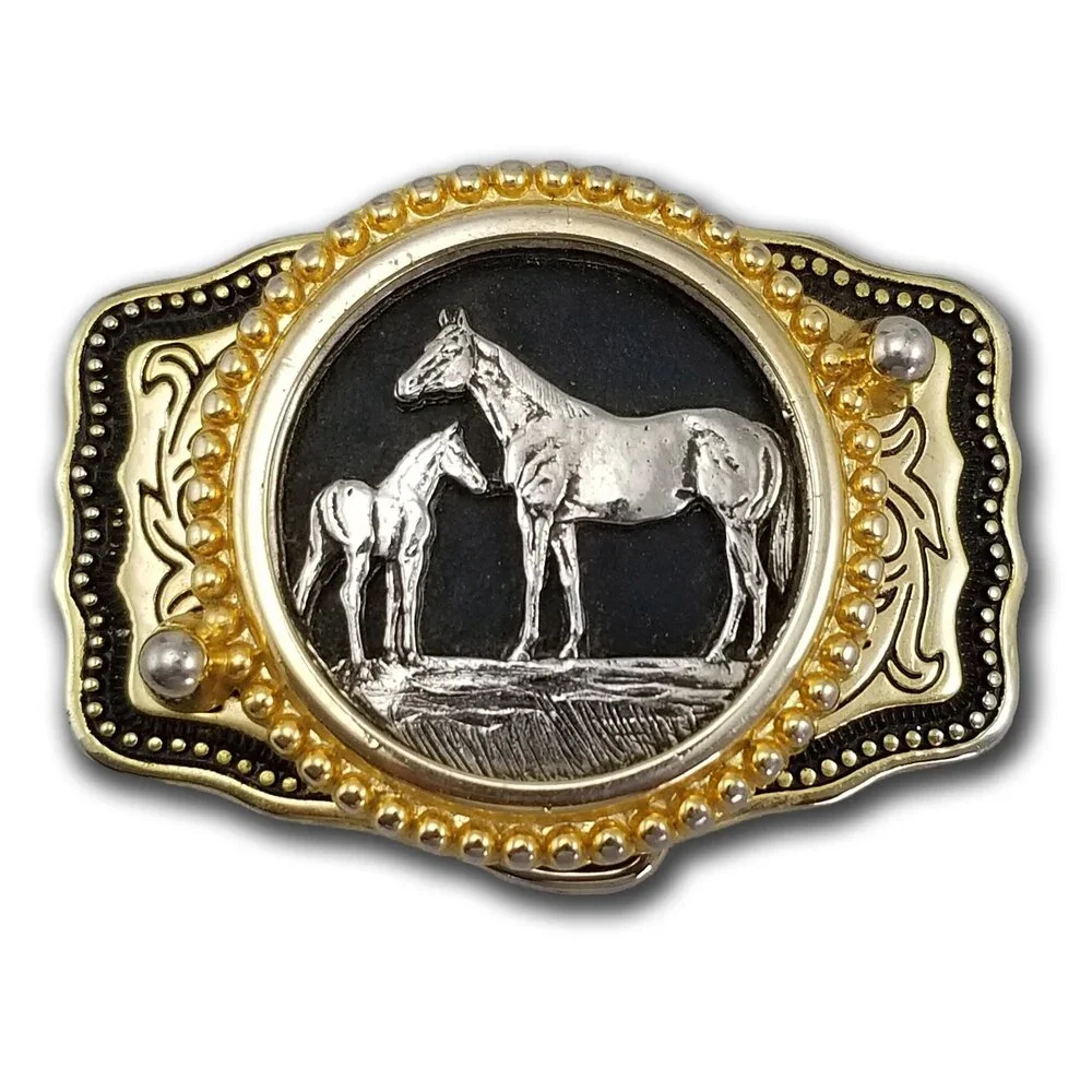 Vintage Belt Buckle Horse And Pony Filigree Western Made‎ In The USA